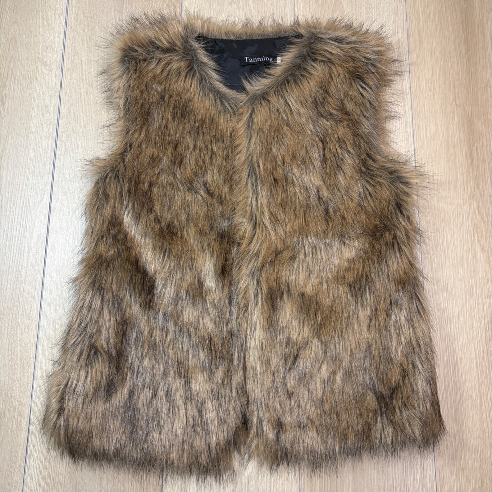 Tanming Womens Faux Fur Vest Brown Shaggy Sleeveless V-Neck Lined Small